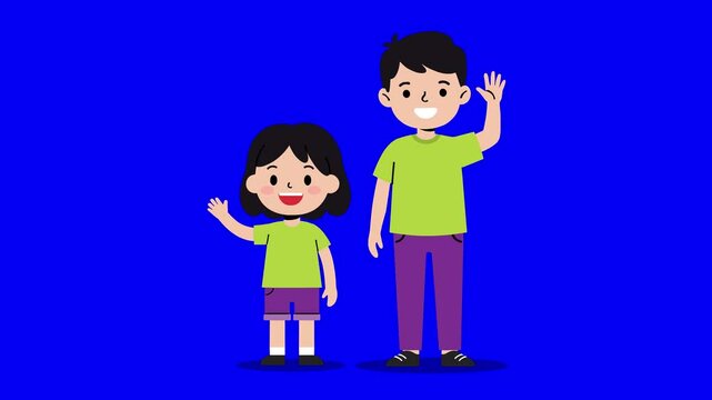 Looping animation of two light-skinned Asian children, a boy and a girl, waving together. Both wear lime green tops and purple bottoms, standing on a blue chroma key background. Ideal for animated cla