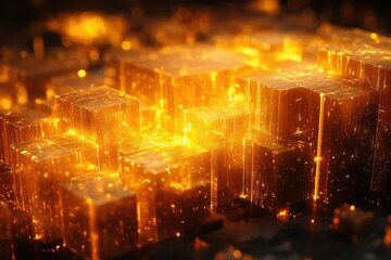 Obraz premium Glowing golden cubes form a futuristic city, abstract digital art.