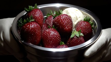 Fresh Strawberries with Creamy Ice Cream Served in a Metal Bowl by Gloved Hands, Ready for Enjoyment