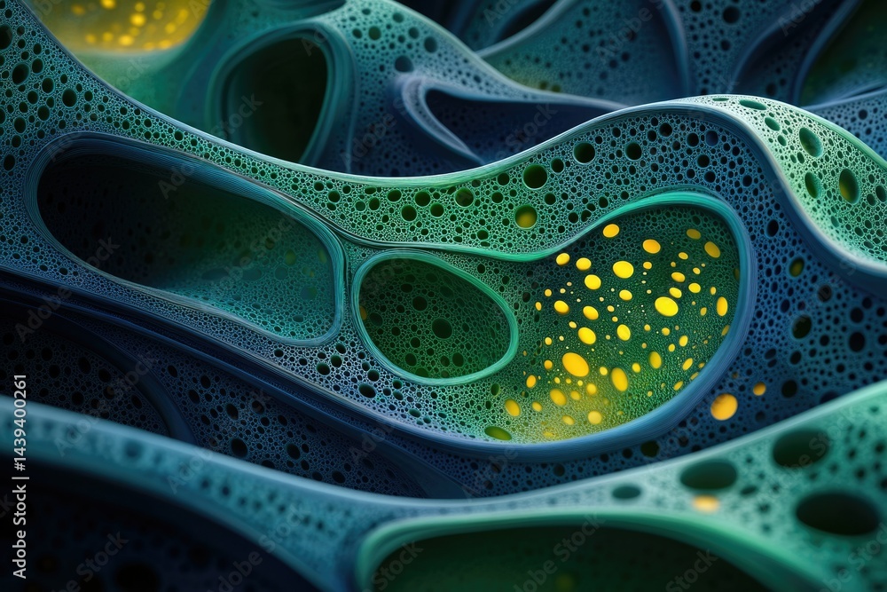 Poster abstract 3d rendering of a complex, organic structure with teal and yellow hues, resembling a porous