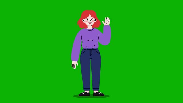 Animated Cartoon Ginger Woman Waving in Purple Sweater and Blue Jeans &ndash; Isolated on Green Screen Chroma Key Background for School, Office, or Explainer Videos
