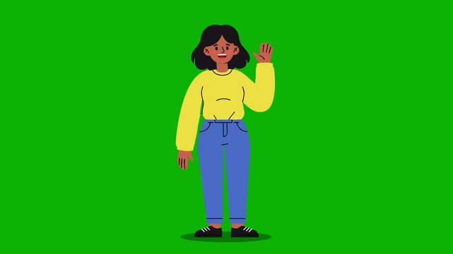 Animated Cartoon African Woman Waving in Yellow Sweater and Blue Jeans &ndash; Isolated on Green Screen Chroma Key Background for School, Office, or Explainer Videos