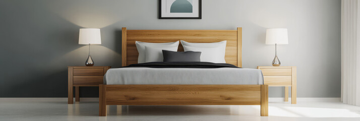 Cozy bedroom with wooden furnishings and modern decor style at midday