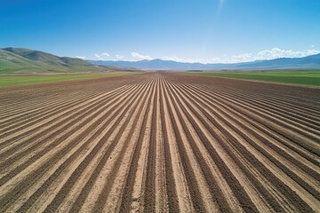 Vast farmland under a clear blue sky, meticulously prepared rows stretch towards distant mountains.