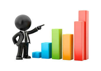 3D businessperson demonstrating significant growth through colorful bar chart isolated on transparent background