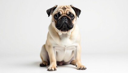 Adorable pug dog sits on white background, looking directly at the camera , small dog, dog breed, white