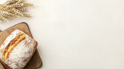 A freshly baked loaf of bread on a cutting board with wheat sheaves, copy space at the top.