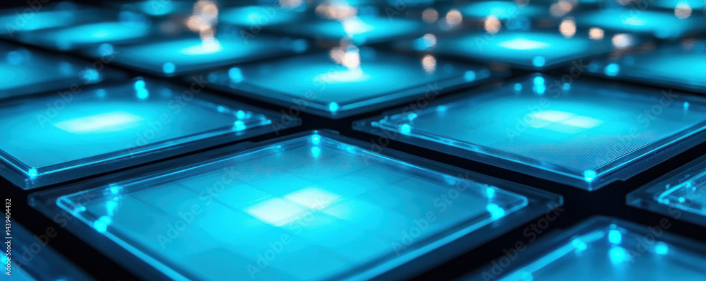 Poster a blue square with a bright light shining on it. the light is blue and the square is made of clear g