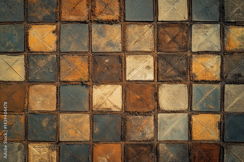 Poster aerial view of a field divided into square plots, showcasing diverse soil colors and textures.
