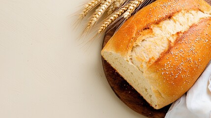 A freshly baked loaf of bread on a cutting board with wheat sheaves, copy space at the top.