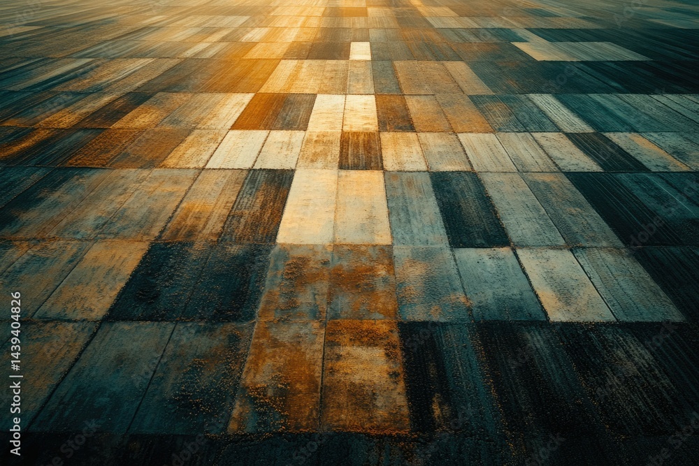 Poster aerial view of a sunlit patchwork field, showing distinct rectangular sections of varying colors and