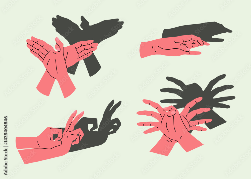 Poster cartoon color different hand shadow puppets spider, snail and bird set concept flat design style. ve