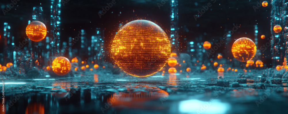 Poster a computer generated image of a city with a large orange ball in the middle. the city is filled with