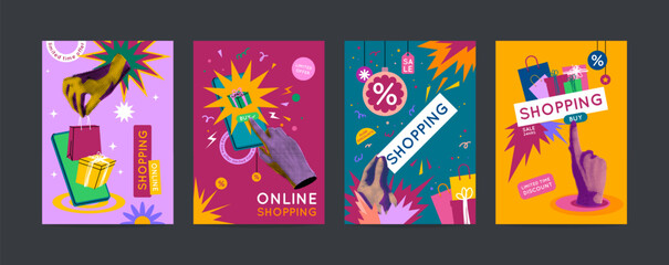 Online Shopping Concept Card Set with Contemporary Art Collage Elements. Vector illustration of Special Offer Season Limited Discount