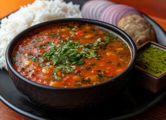 Delicious bowl of lentil curry with rice, served with fresh salad, onion slices, and green chutney for an authentic Indian dining experience