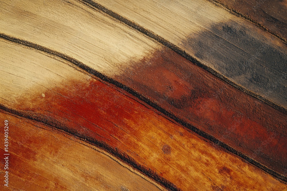 Poster aerial view of diagonal agricultural fields showcasing diverse soil colors and textures.