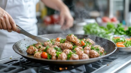 Chef cooking meatballs in a pan.  Steam rises from the dish
