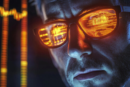 Close-up of a Man Wearing Futuristic Glasses Displaying Data
