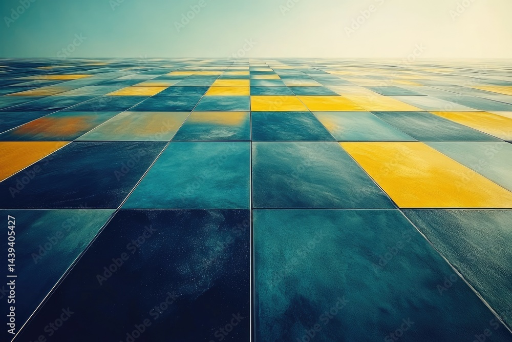 Poster a vast expanse of teal and gold square tiles receding into the distance, creating a dynamic perspect