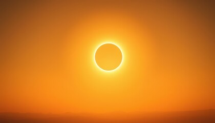 A total solar eclipse with a bright corona appears over an orange sky above distant landscape silhouettes.