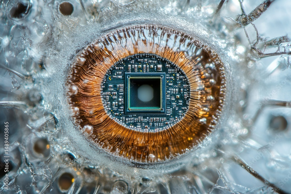 Fototapete microscopic view of a microchip, encased in ice, revealing intricate circuitry and components.