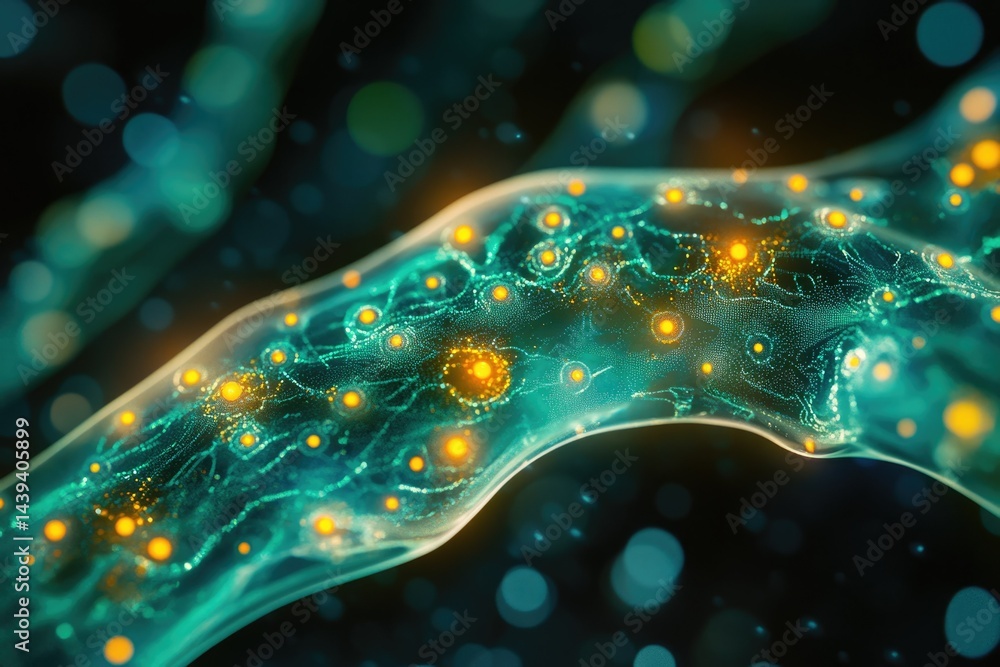 Poster Abstract representation of neural network or interconnected system, glowing nodes and pathways.