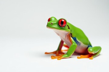 Fototapeta premium Single red-eyed tree frog on pure white backdrop, exotic, red frog, colorful