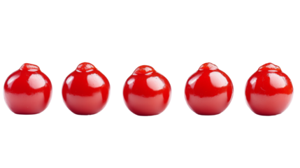 Five glossy red tomato candies lined up against a serene isolated transparent field