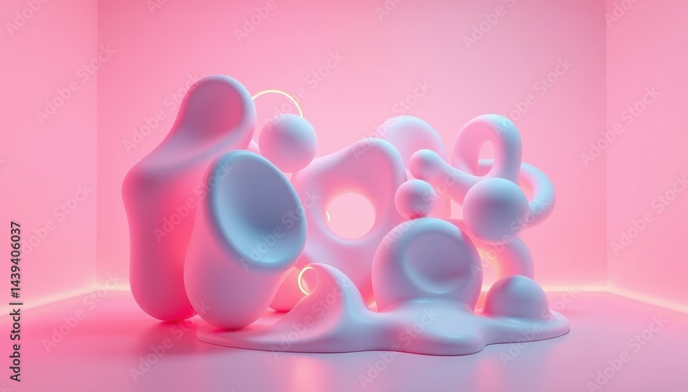 Poster abstract white 3d shapes with smooth surfaces are arranged in a pink-lit corner, creating a surreal 