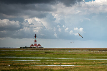 Striped Lighthouse on Grassy Terrain with Storm Clouds and Flying Birds