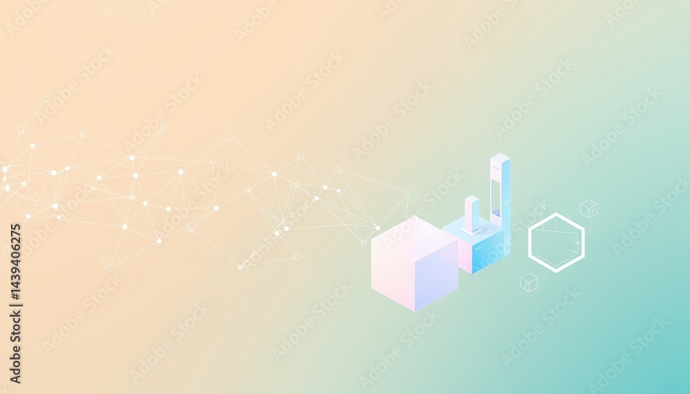 Poster minimalist abstract digital art with geometric shapes, pastel gradients, and connected network nodes