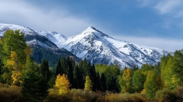 beautiful snow capped mountain landscape with fall Aspen tree forest all around, 32k, HD.