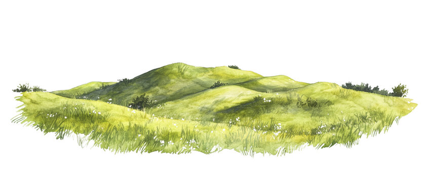 Watercolor depiction of rolling green hills with lush grass on a transparent canvas, an idyllic scenery