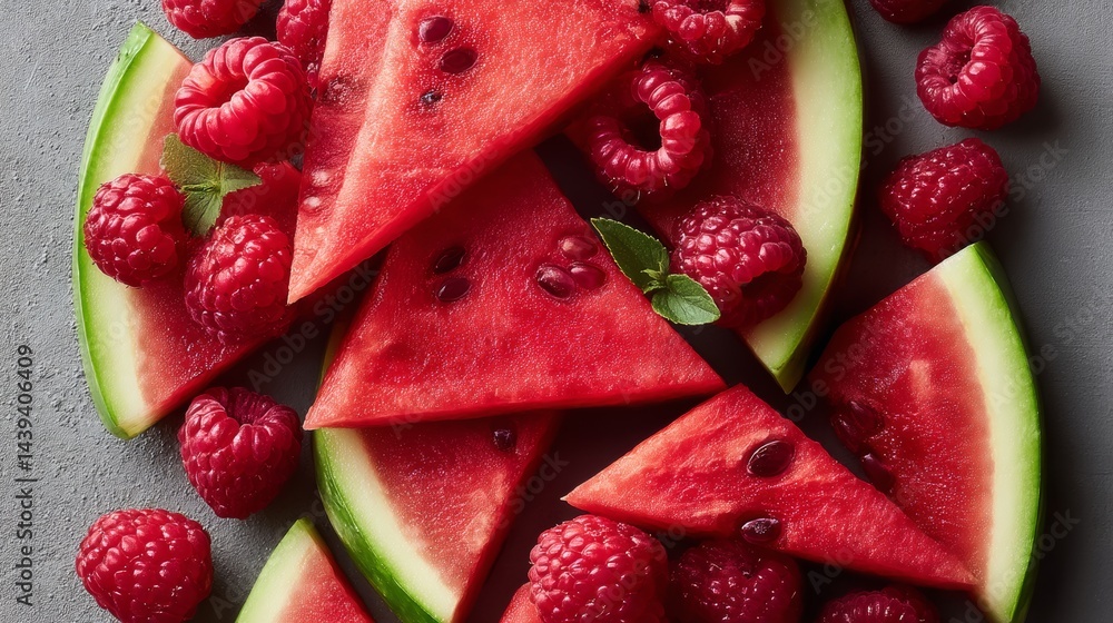 Poster watermelon is cut into slices and surrounded by raspberries. the watermelon slices are arranged in a