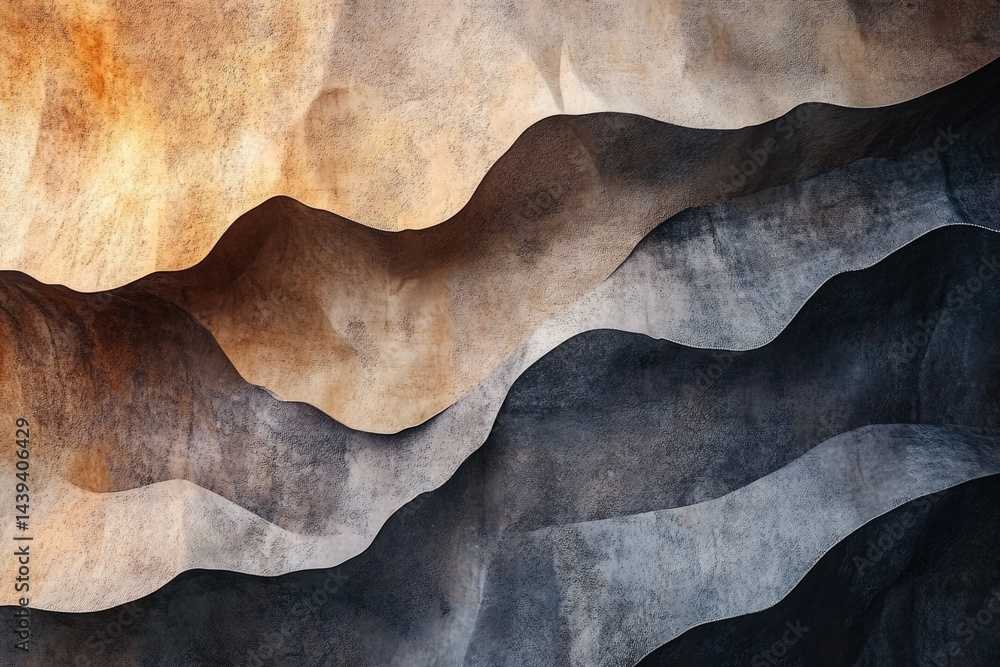 Poster abstract image of layered, textured surfaces resembling undulating hills or mountains in earthy tone