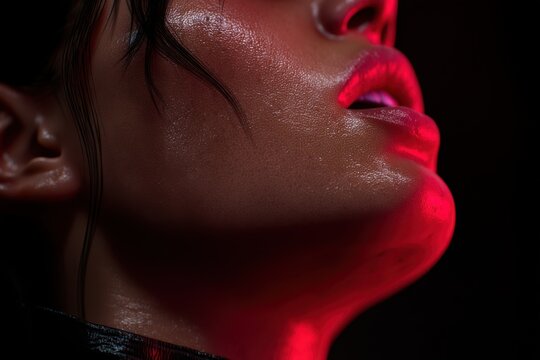 Close-Up of a Person's Sweaty Face Bathed in a Dramatic Red Light Showcasing Intense Emotion and Texture
