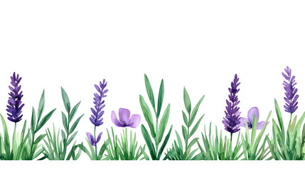 Watercolor lavender blossom border flowers, white background