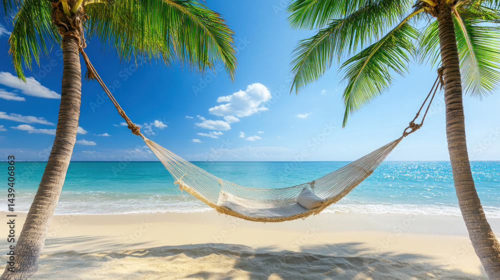 Poster a white hammock is hanging between two palm trees on a beach. the hammock is suspended over the ocea