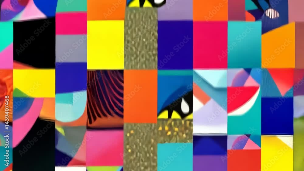 Poster vibrant geometric abstraction with dynamic shapes and bold colors across frames