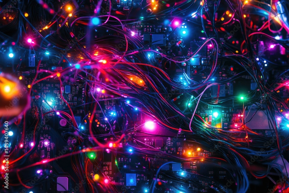 Poster A circuit board adorned with vibrant, multicolored LED lights, creating a dazzling and intricate display of technology and illumination.