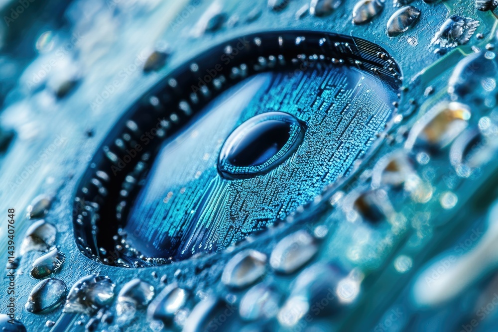 Poster close-up of a water-covered circuit board revealing intricate details of microchips and technology.