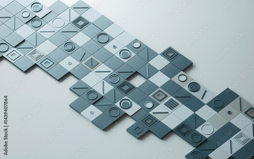 Poster abstract geometric tiles design featuring blue and gray squares with intricate patterns for modern b