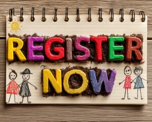 Brightly colored "Register Now" letters on a notepad with playful drawings of people and a sun, set on a wooden background.