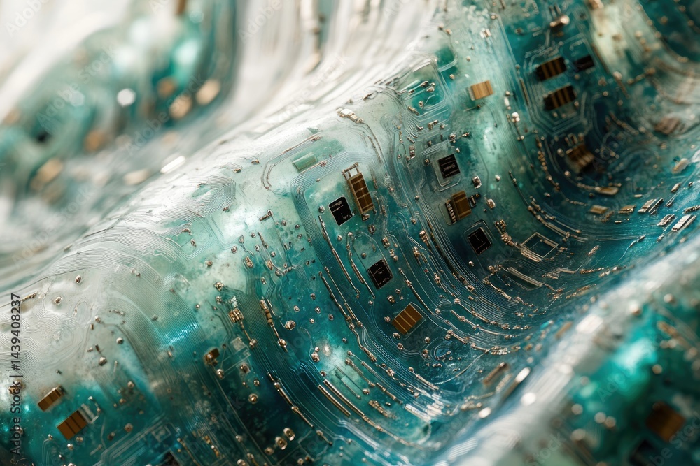 Aufkleber Abstract image of a flexible circuit board, resembling a flowing, teal wave of technology.