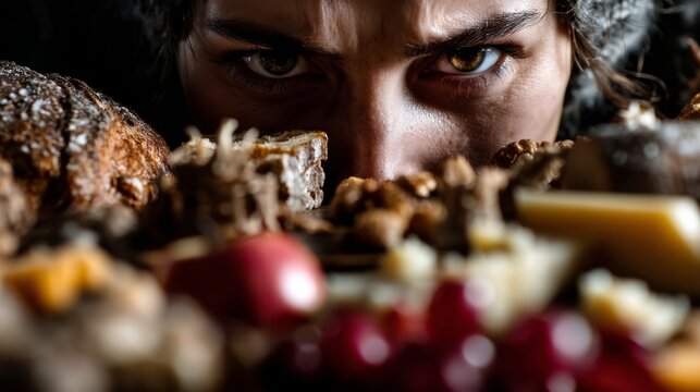 A person intensely focused on an abundance of food symbolizing gluttony in an endless feast