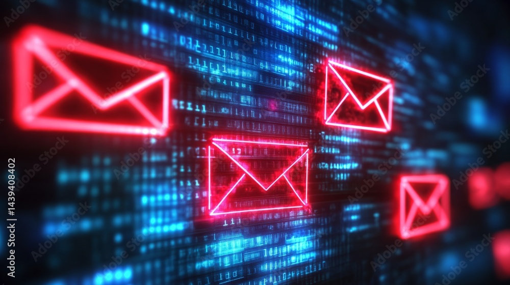 Poster cybersecurity 3d alert system with phishing emails, financial fraud messages, and hacker breach atta