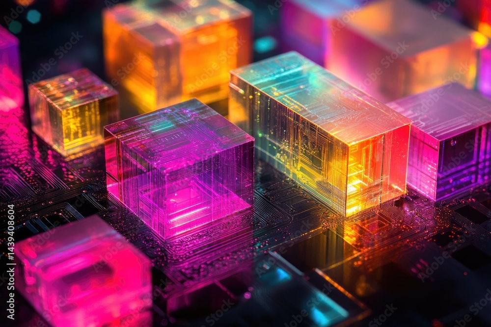 Leinwandbilder Vibrant, translucent cubes, possibly representing data processing units, rest on a complex circuit board.
