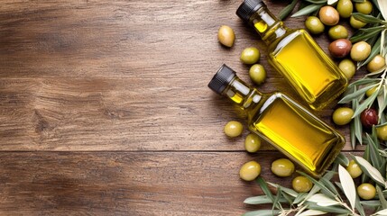 A vibrant still life of olive oil bottles and olives on a wooden table, copy space on the left.