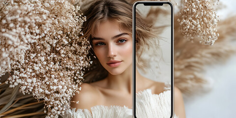 Beautiful woman holding a smartphone surrounded by dry flowers