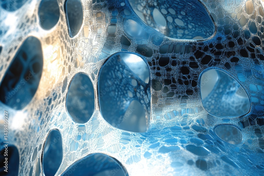 Poster Abstract 3D rendering of a complex, interconnected network resembling a futuristic cellular structure or intricate lattice.